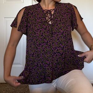 Nordstrom Black and Purple Floral Blouse